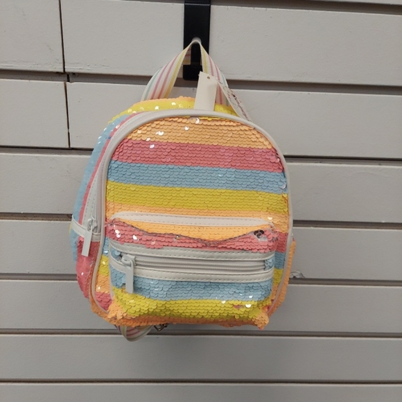 Claire’s Club Girls Pink Orange Yellow Revers Sequin Striped Mini Backpack - Picture 1 of 9